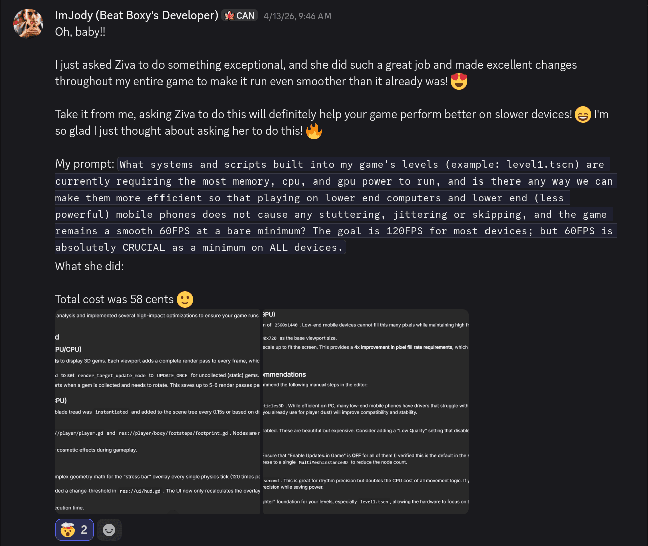 Beat Boxy's developer praising Ziva's performance optimizations and reporting a total cost of 58 cents