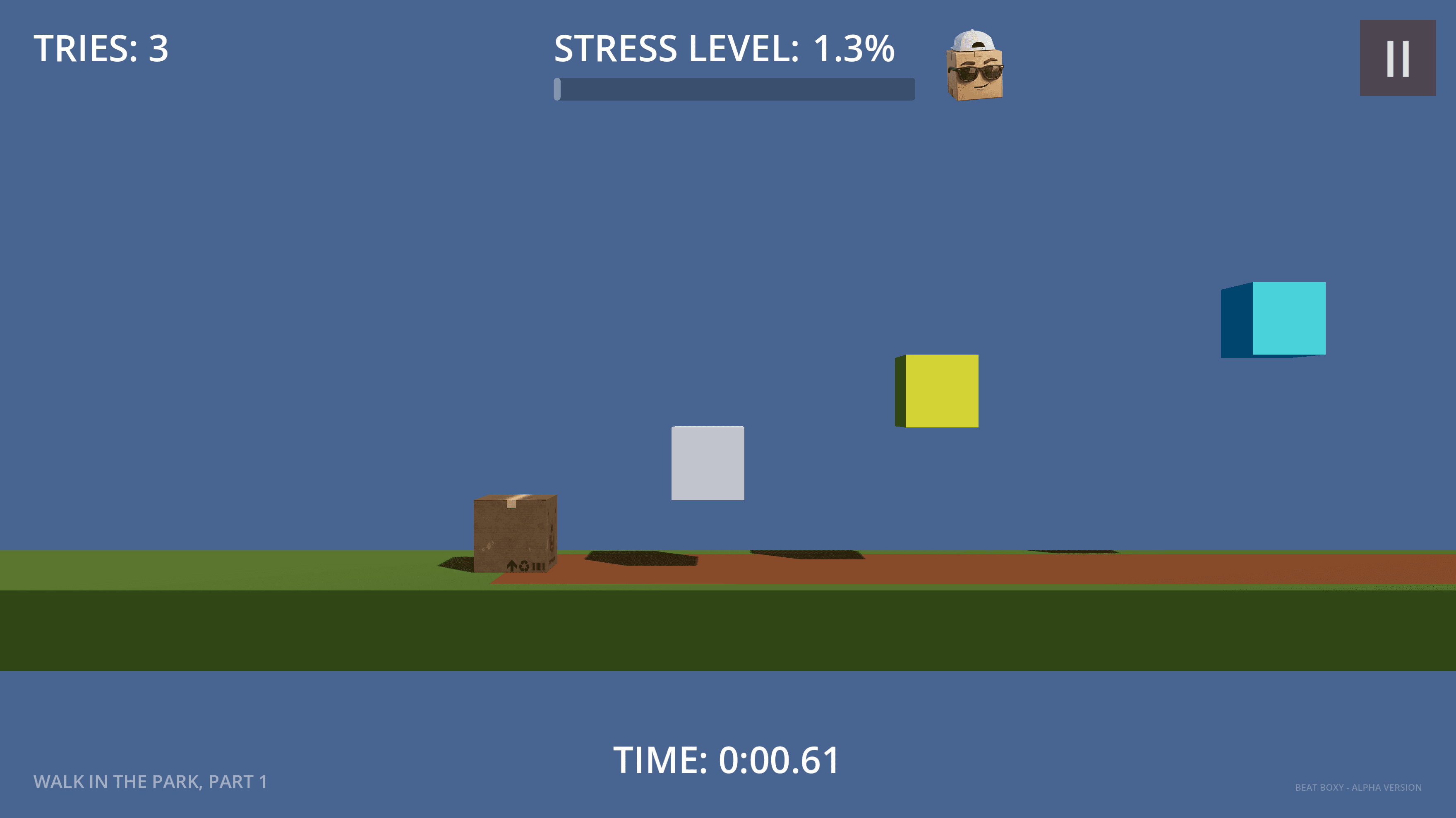 An early Beat Boxy prototype with a cardboard box character and colored cubes above a plain track