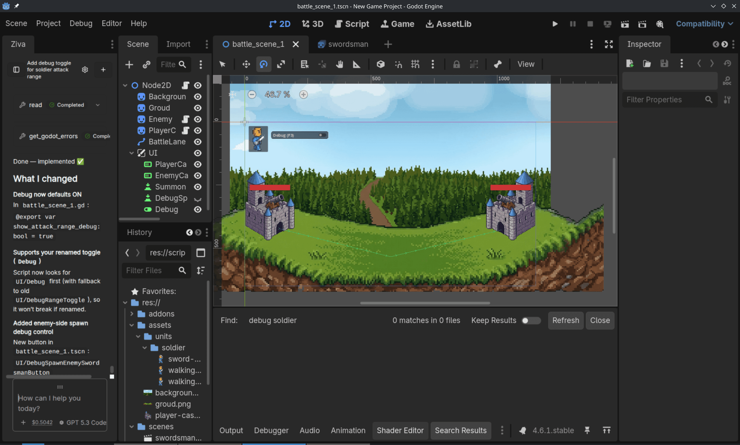 Two opposing castles in a Godot battle scene while Ziva adds a soldier attack-range debug control