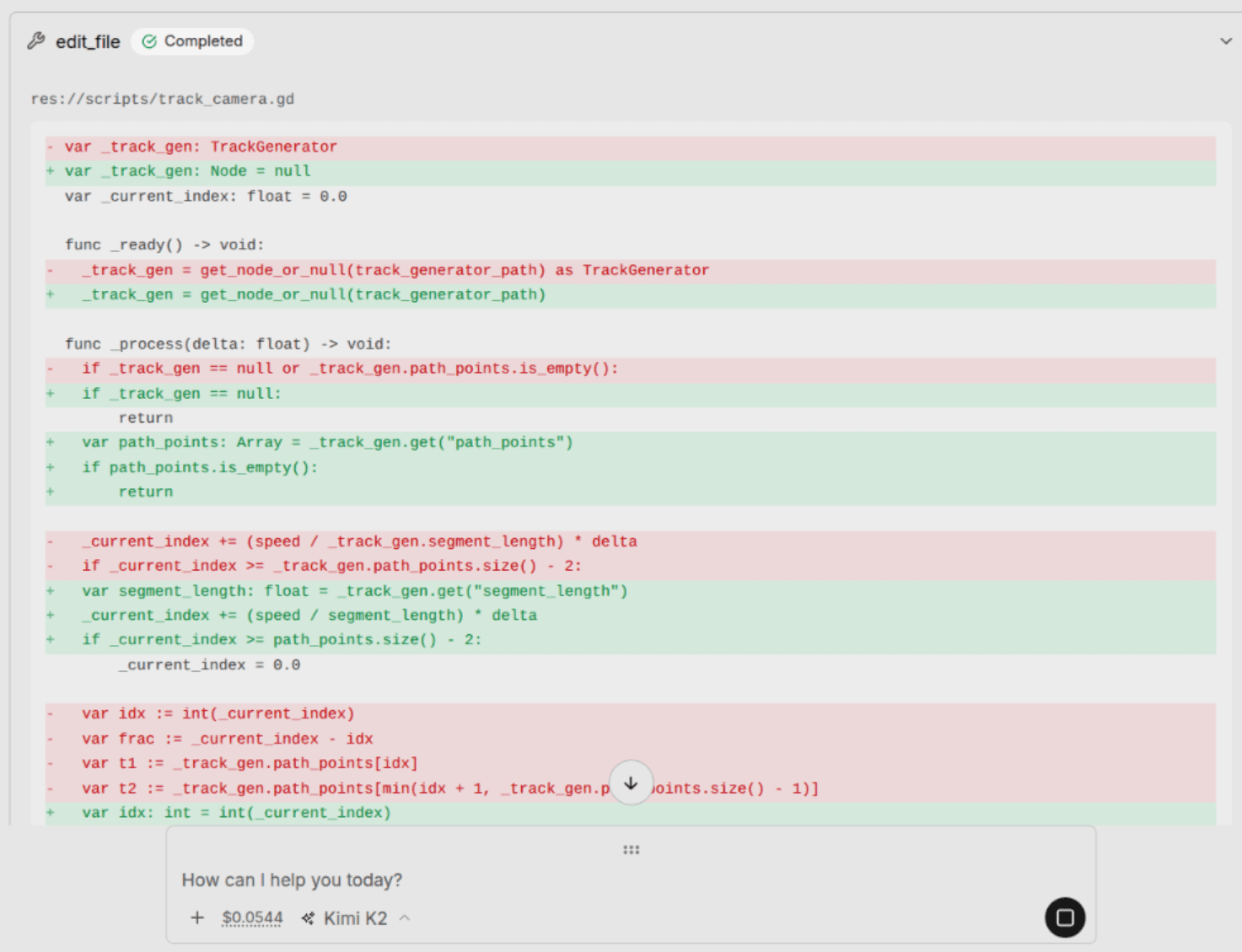 Ziva showing red deletions and green additions in a track-camera script