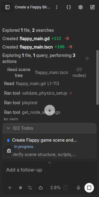 GPT-5.6 Sol turn 1 in Ziva: files created, scene tree read, physics validated, playtest run
