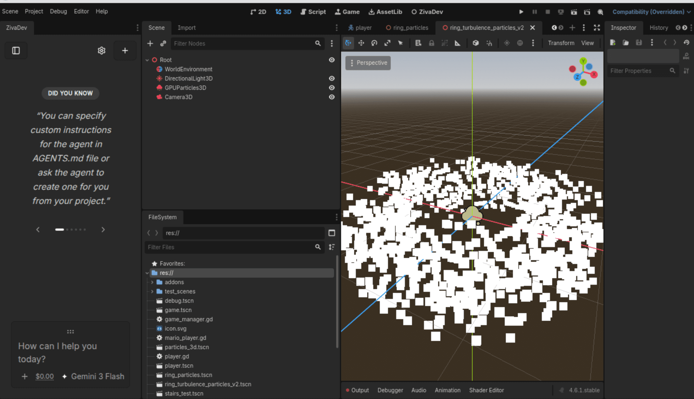 A ring of white particles in Godot's 3D editor