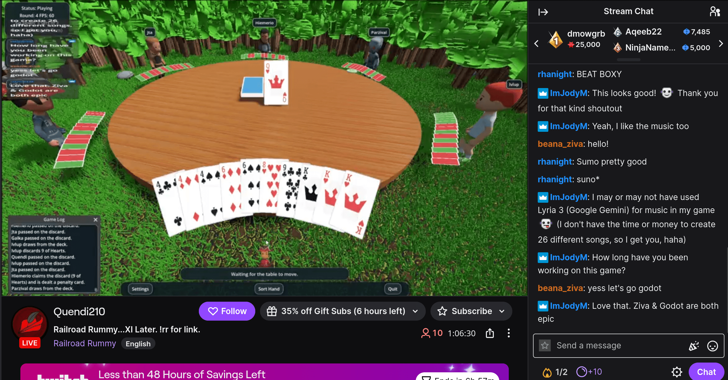 Railroad Rummy being played on Twitch, with a hand of cards and players around a round table