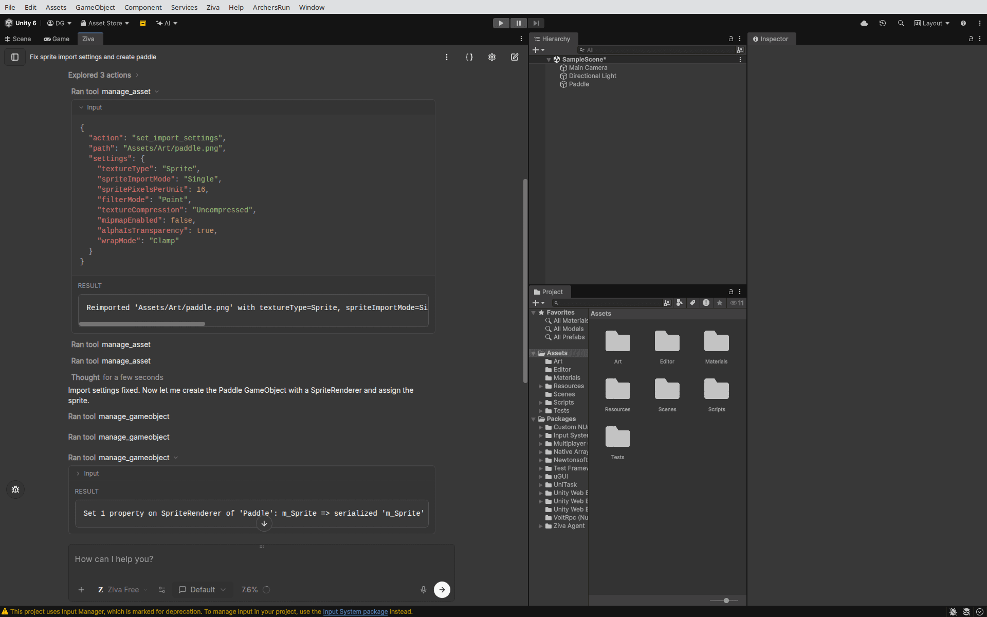 Ziva adjusting sprite import settings and assigning a paddle sprite to a GameObject in Unity