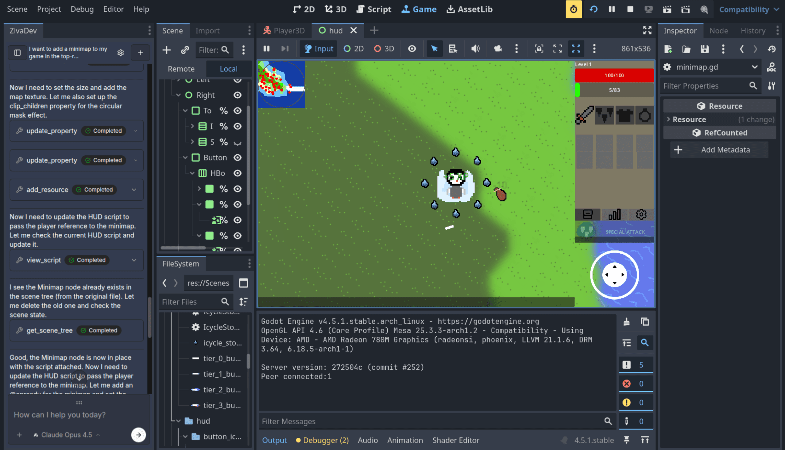 An older Ziva interface beside a 2D game in Godot