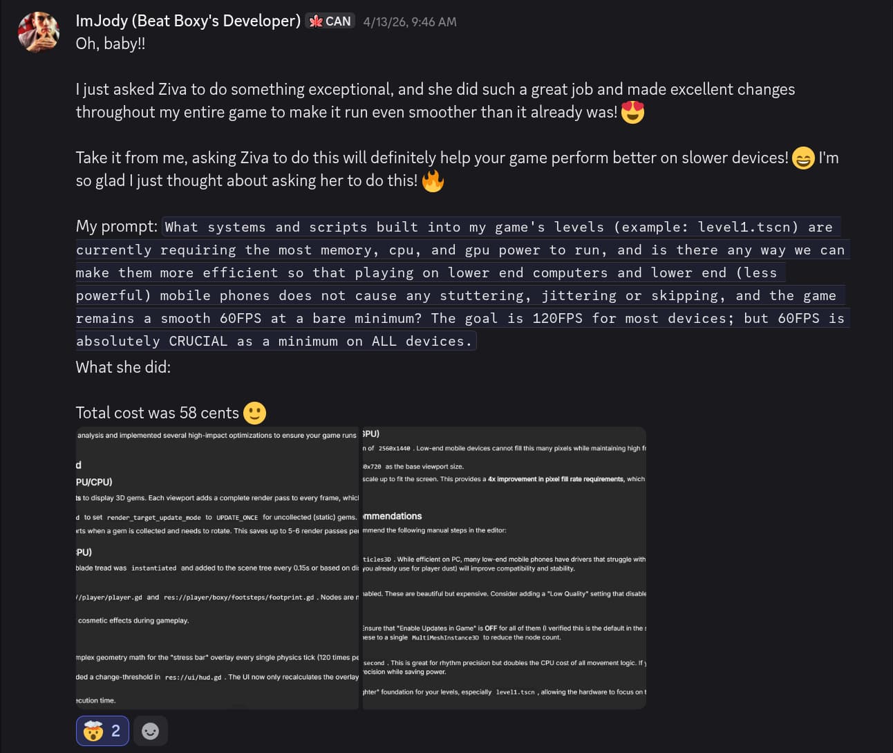 Jody Mitoma’s original performance question, Ziva’s optimization report, and his feedback that Beat Boxy runs more smoothly
