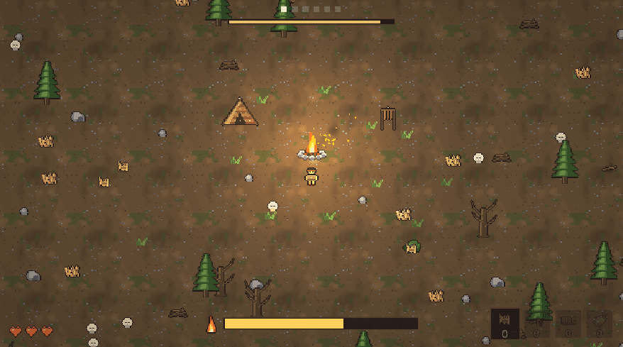 Fire keeper: a lone caveman beside a campfire in a dark prehistoric forest, health and fuel bars along the bottom