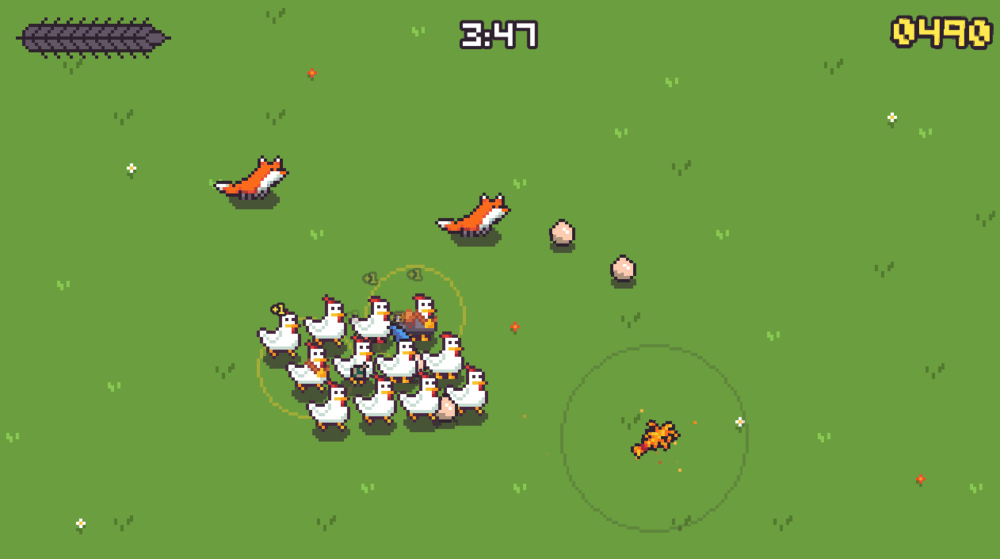 Follow the Wheat: a flock of chickens clustered around the cursor in a green field while foxes circle, timer and score on the HUD