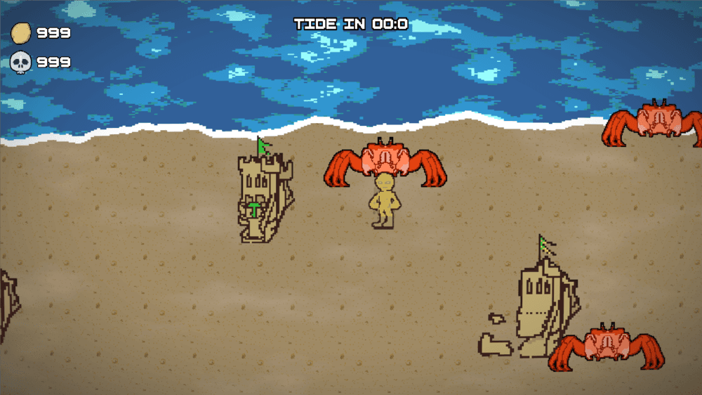 Melting Hero: a pixel-art beach with sandcastles and crabs as the tide rolls in