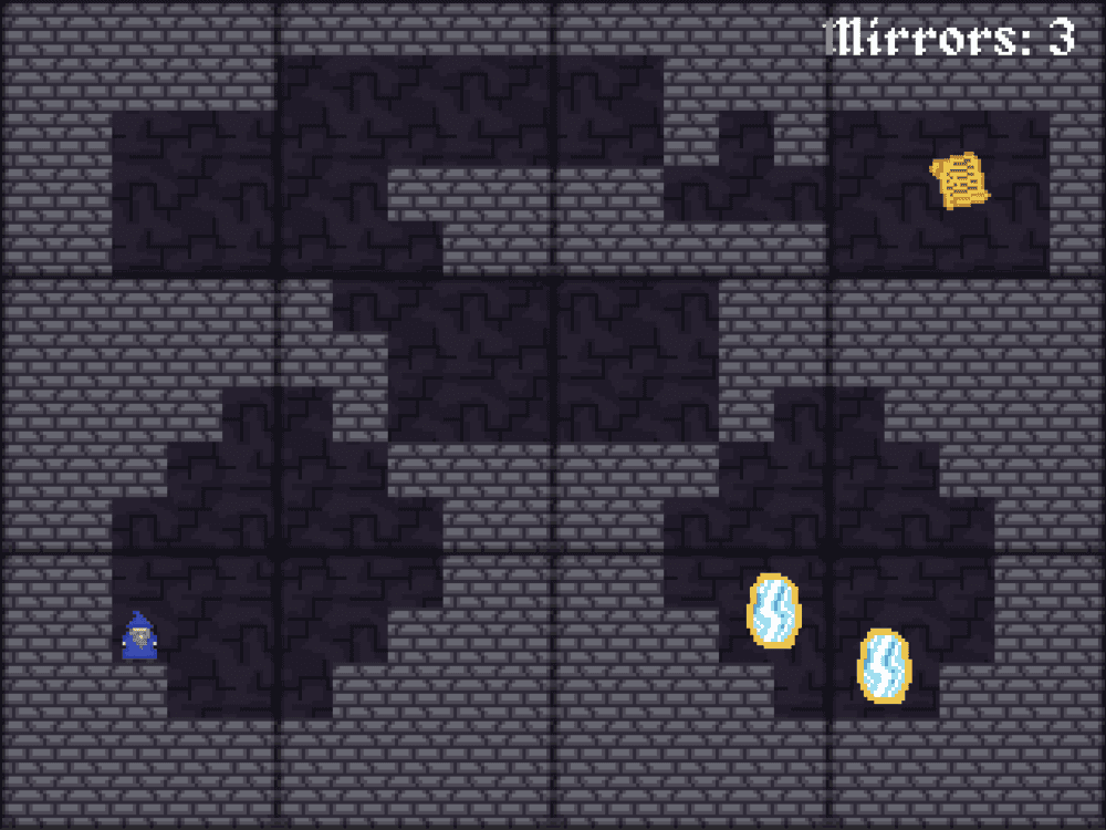 Mirrormage: a grid dungeon puzzle with mirror pieces and a mirror counter in the corner