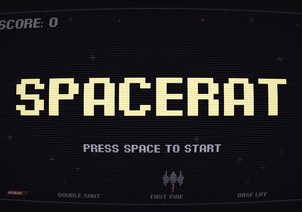 SpaceRat: a retro shoot-em-up title screen reading SPACERAT, press space to start