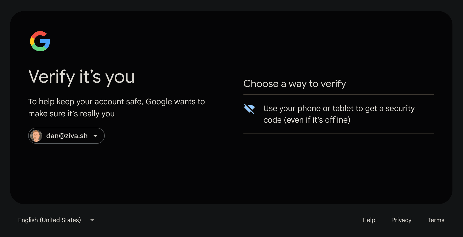 Choose a way to verify shows a single option: Use your phone or tablet to get a security code, even if it's offline