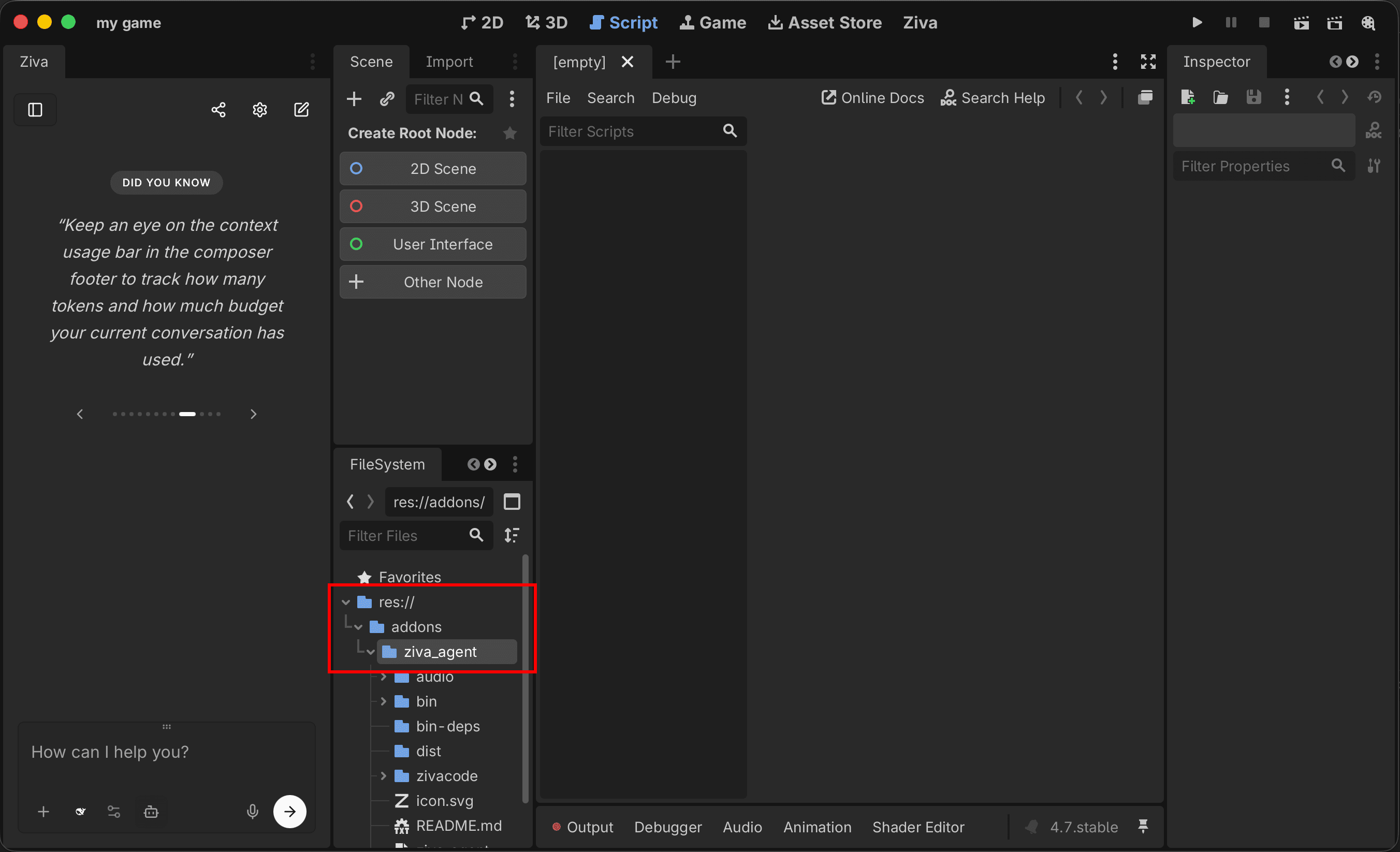 Godot FileSystem showing addons/ziva folder structure