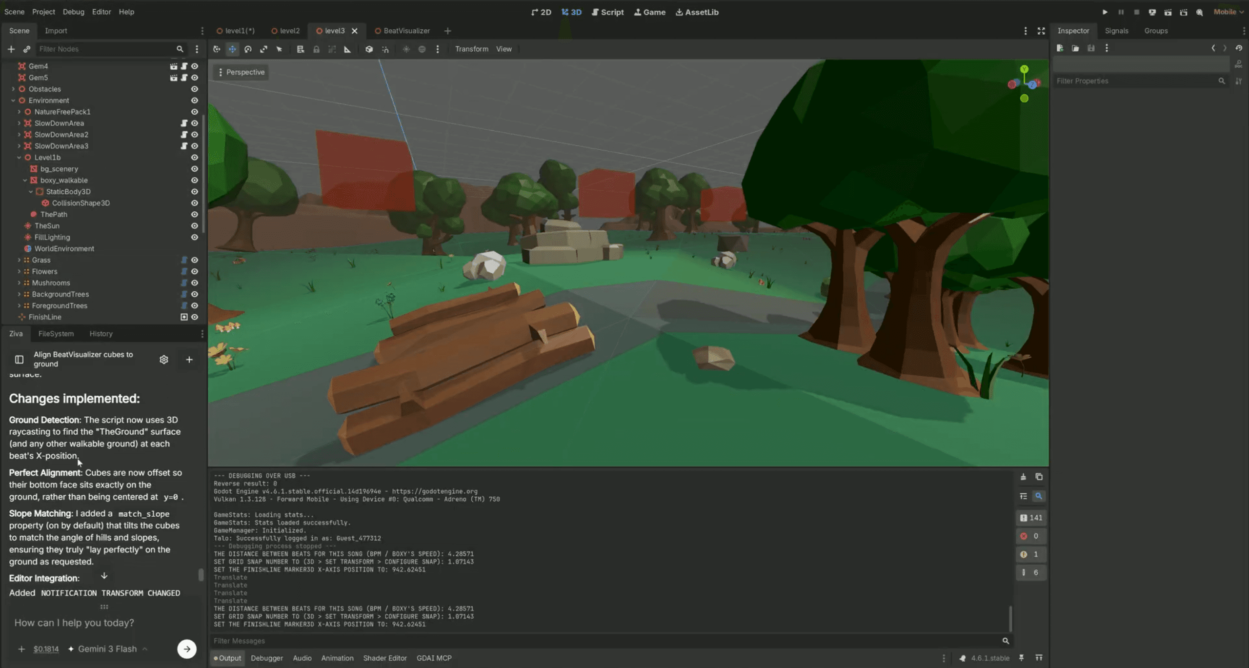 A low-poly forest scene in Godot with the Ziva assistant open beside it
