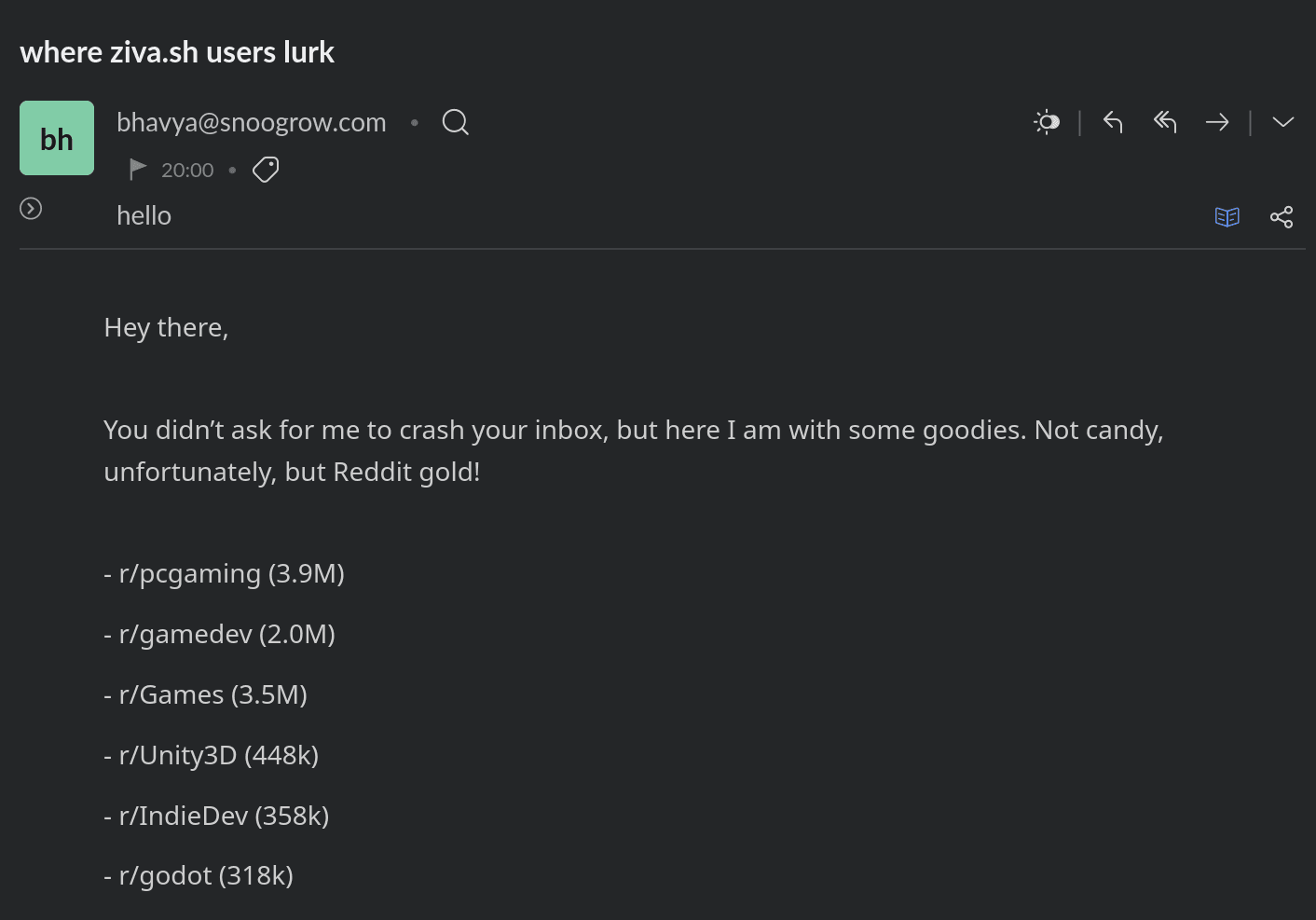 Spam email from snoogrow.com pitching Reddit subreddits to advertise in, including r/godot