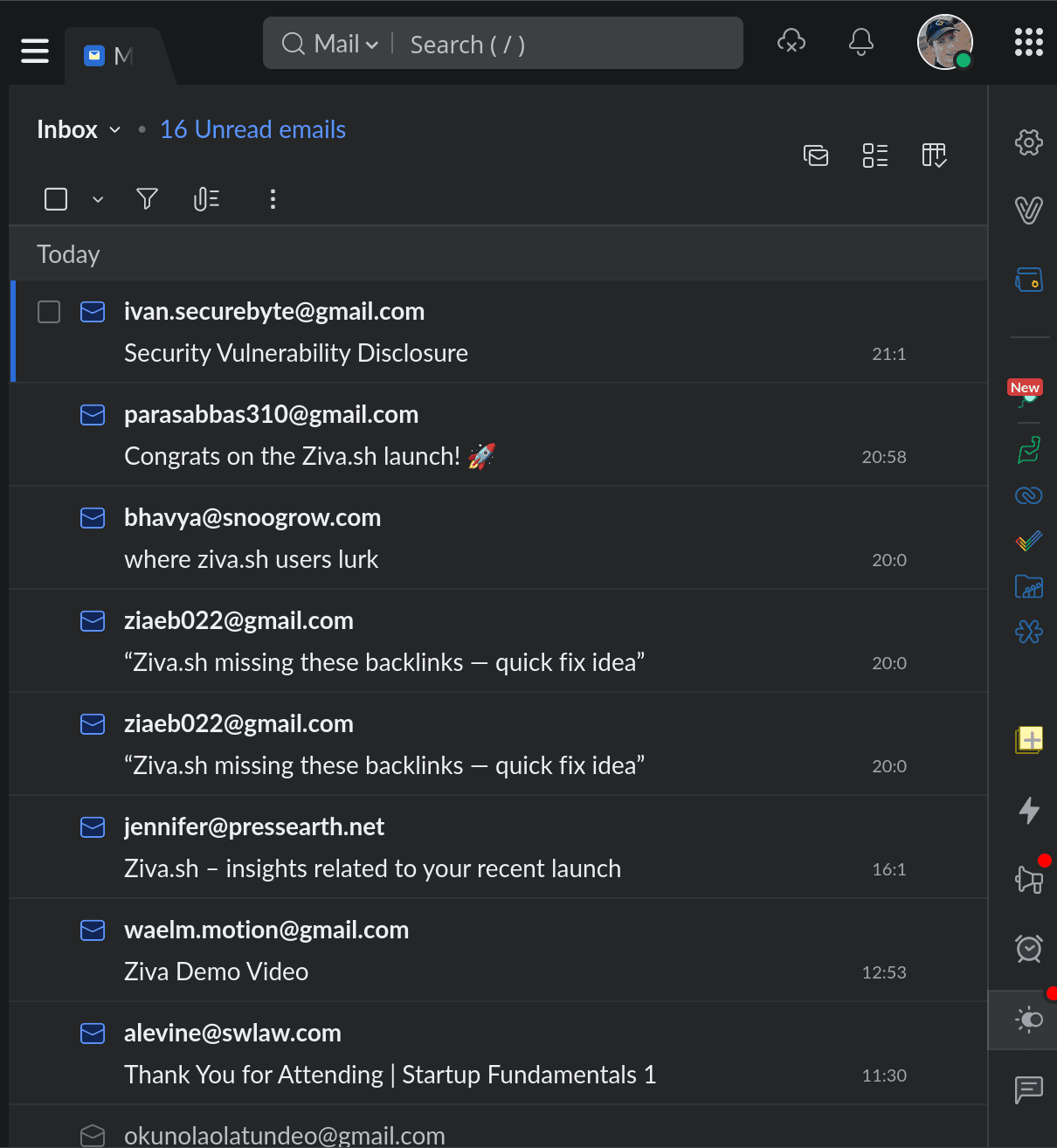 Our inbox after posting on Product Hunt - 16 unread spam emails in a single day