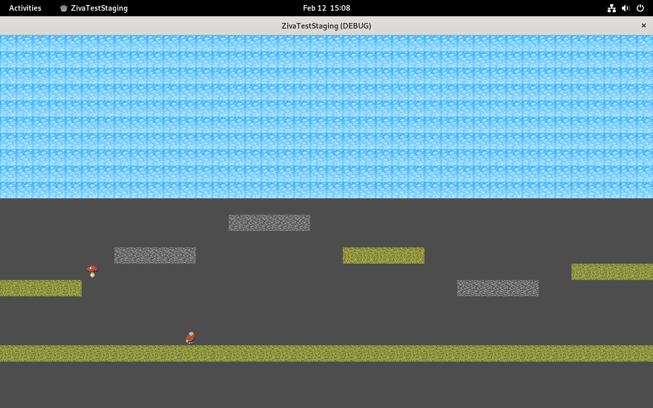 Claude Haiku 4.5 — sky tilemap, grass ground, floating platforms with player and mushroom enemy