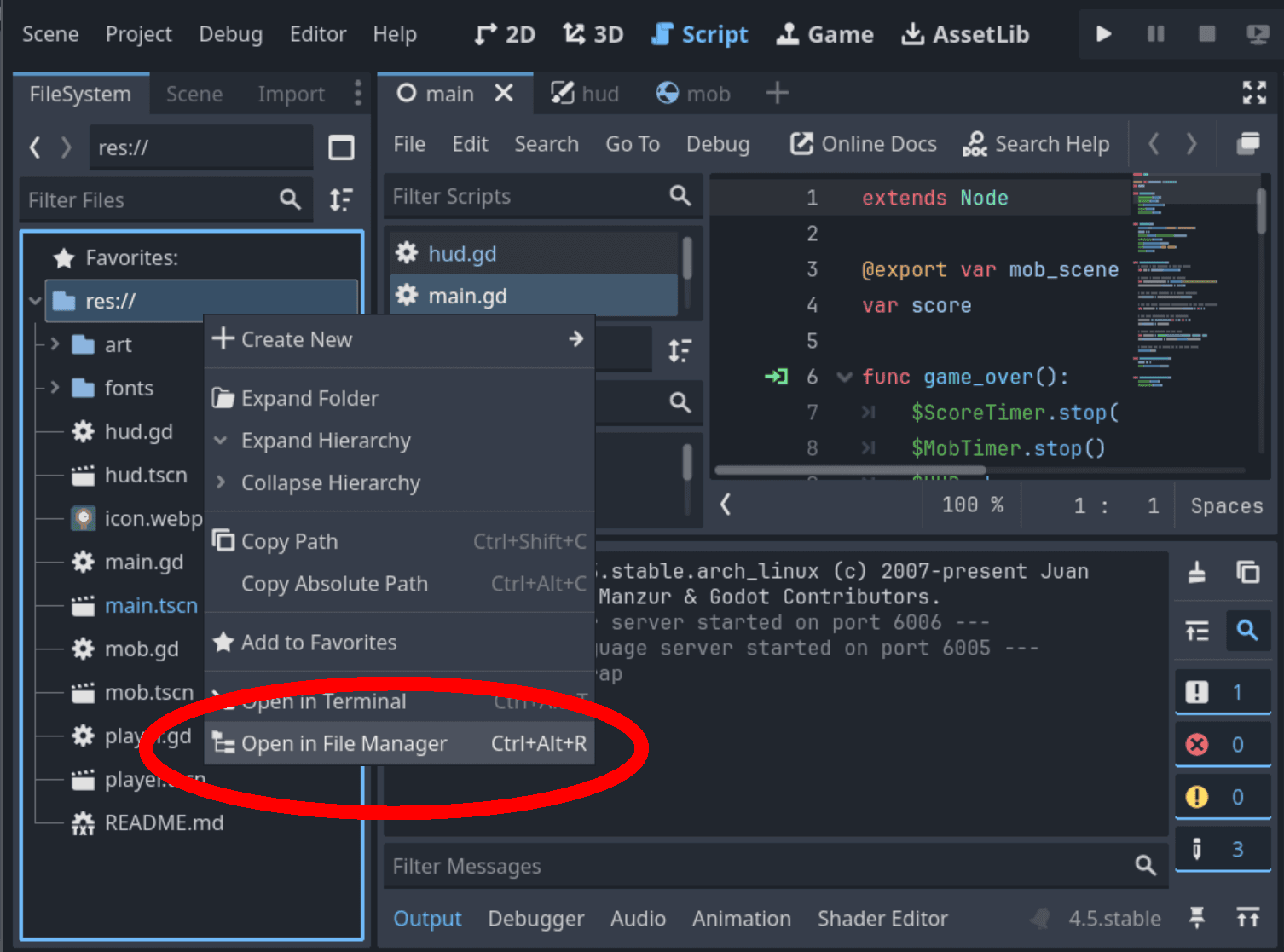 Right-click menu in Godot FileSystem showing 'Open in File Manager' option