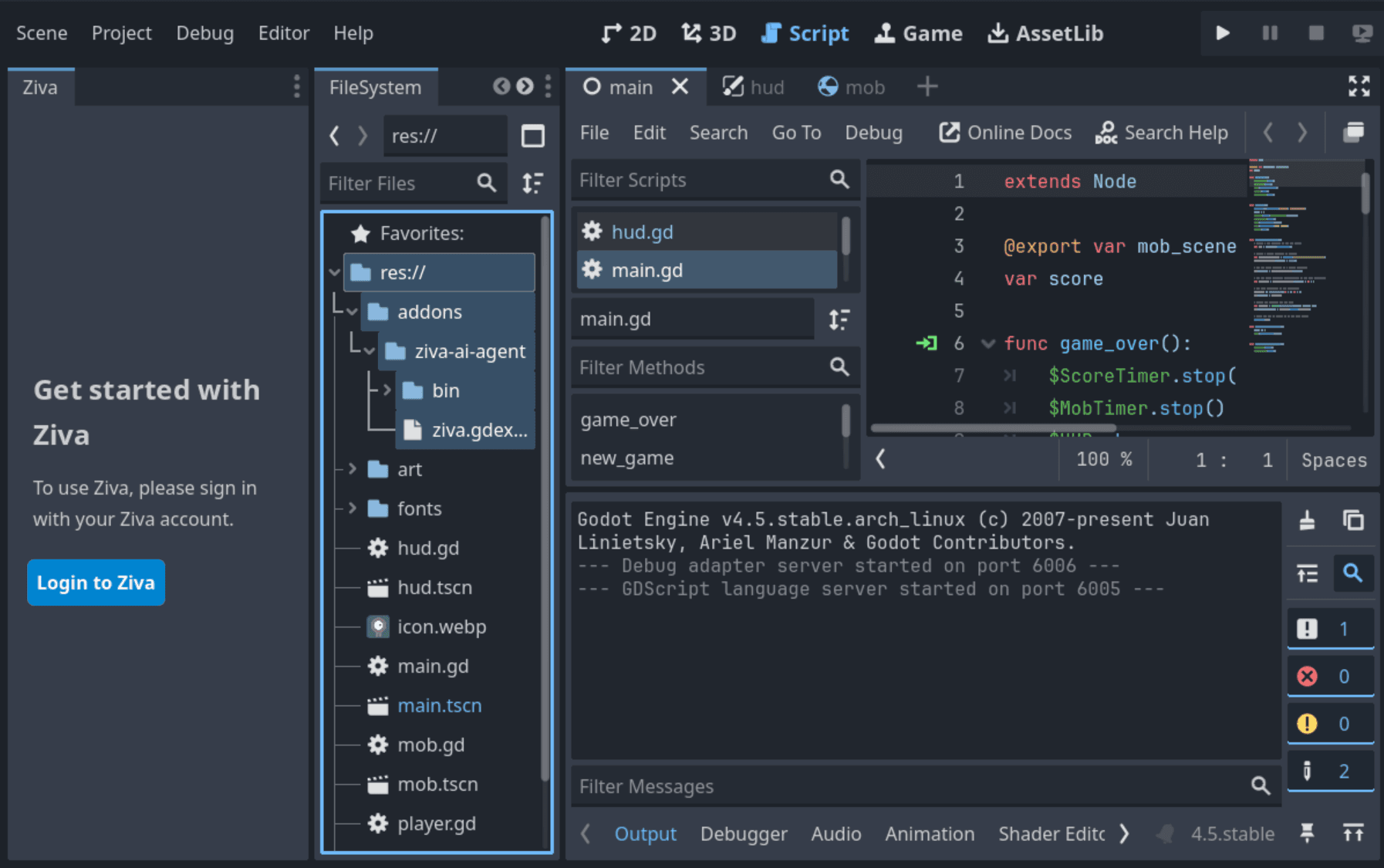 Godot FileSystem showing addons/ziva folder structure