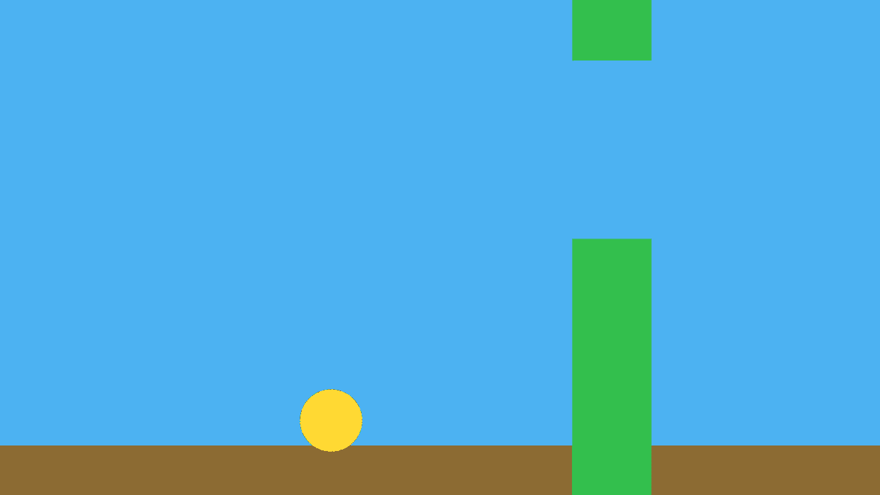 Blue sky, brown ground, yellow bird, green pipe pair