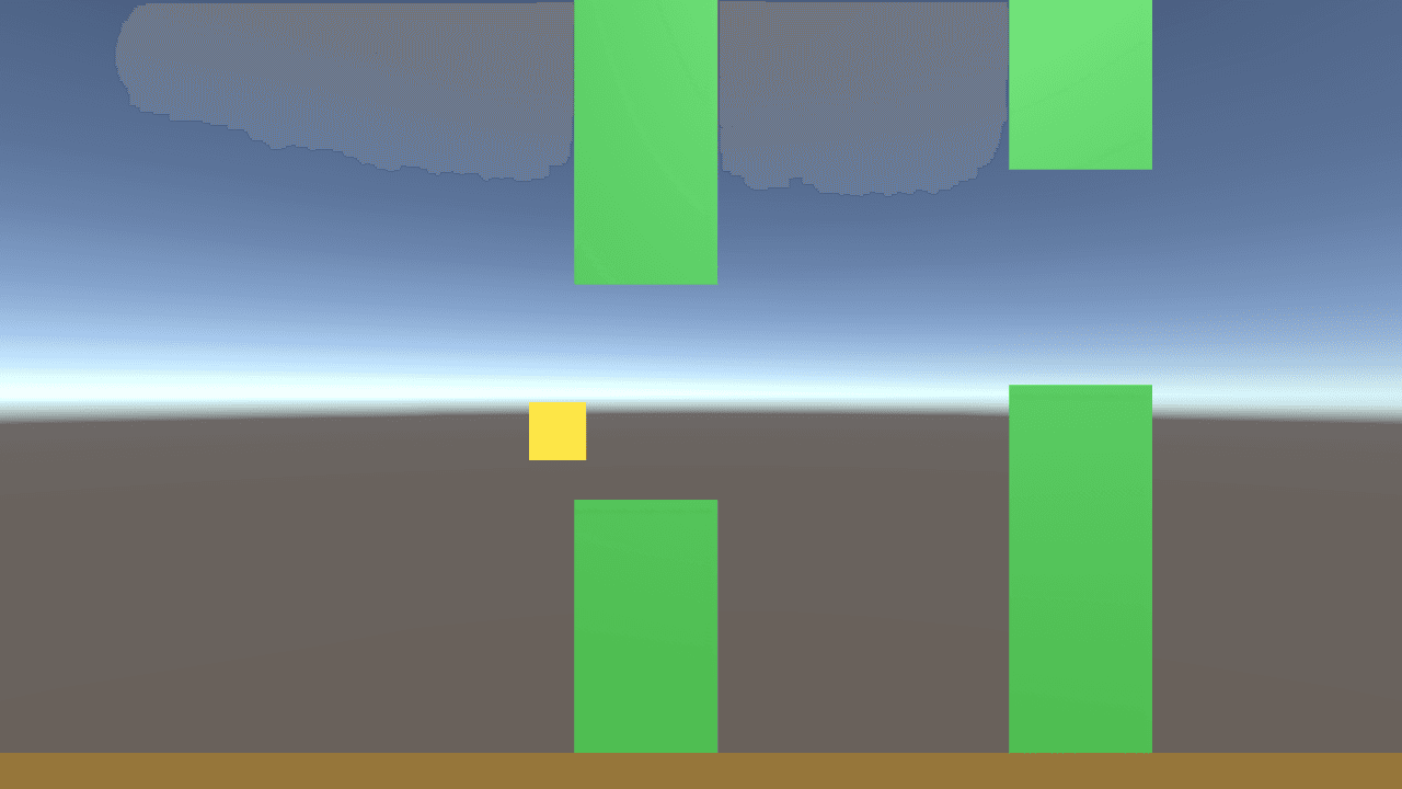 Gradient sky, brown ground, yellow bird, green pipes