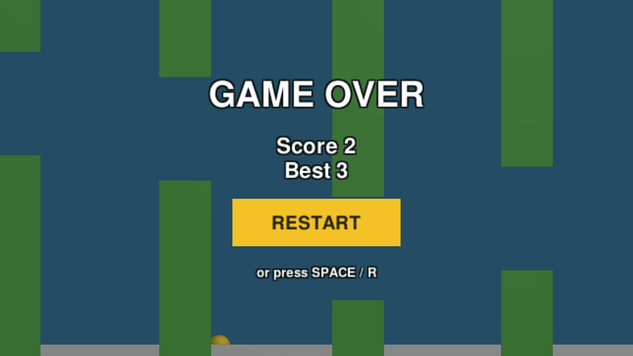 Game over screen: pipes, Score 2, Best 3, Restart button