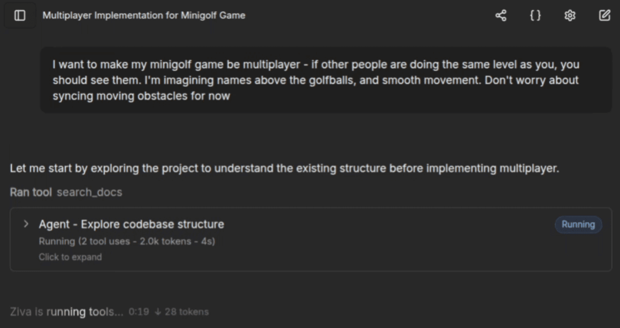 Asking Ziva in chat to add multiplayer to a Godot game