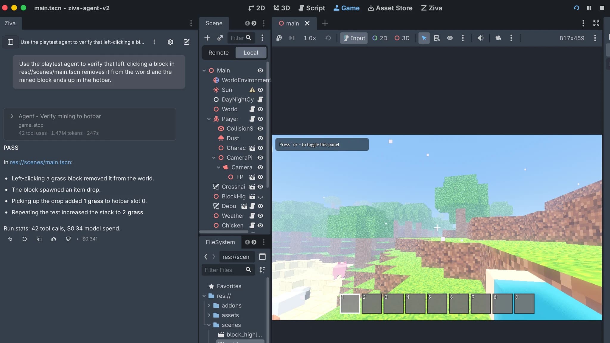 Ziva's Playtest Agent returning a PASS verdict in the Godot editor, with evidence that left-clicking a grass block removed it from the world and added it to the hotbar, beside the voxel game it just played