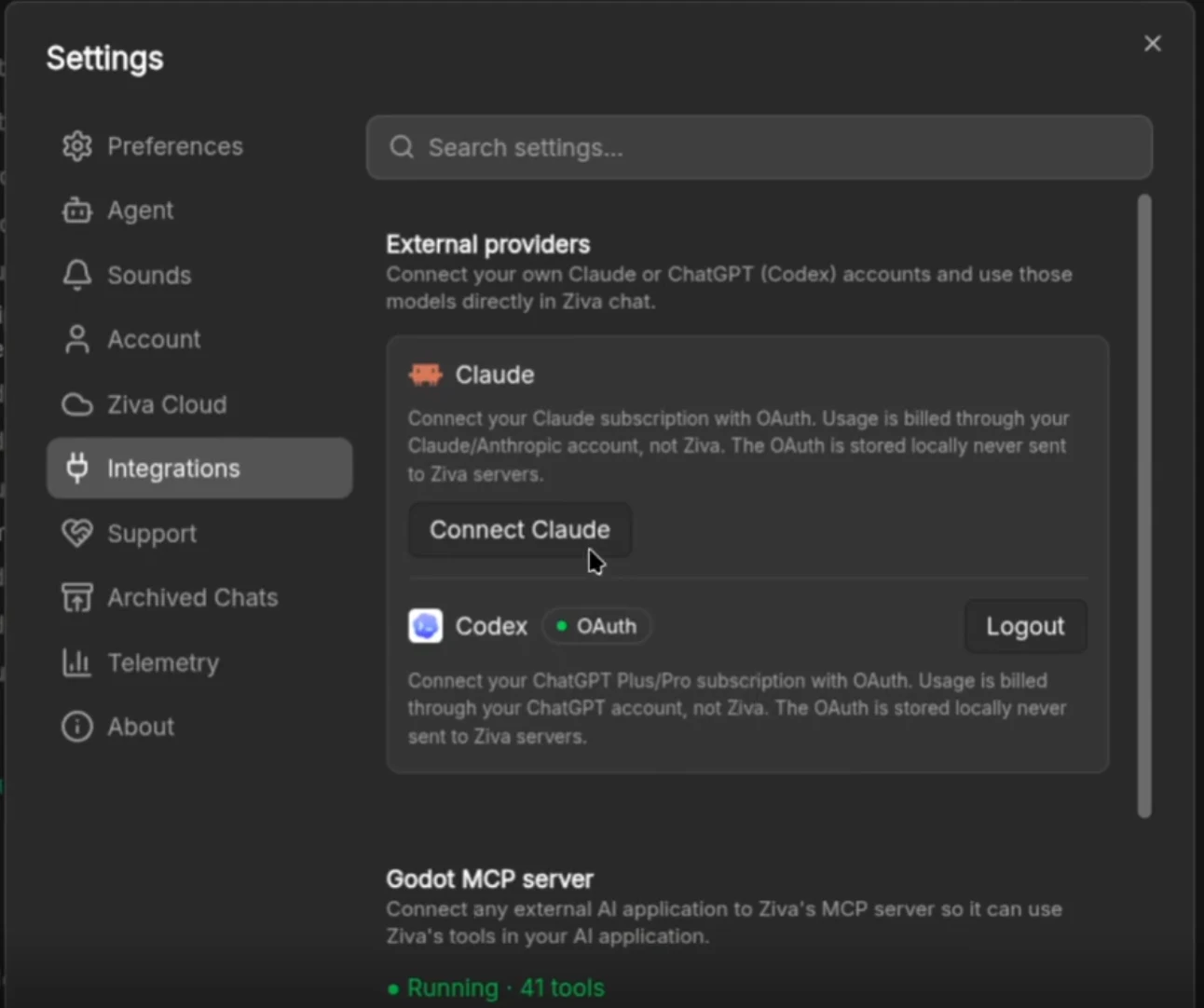 Ziva integrations settings connecting your own Claude and ChatGPT Codex accounts over OAuth