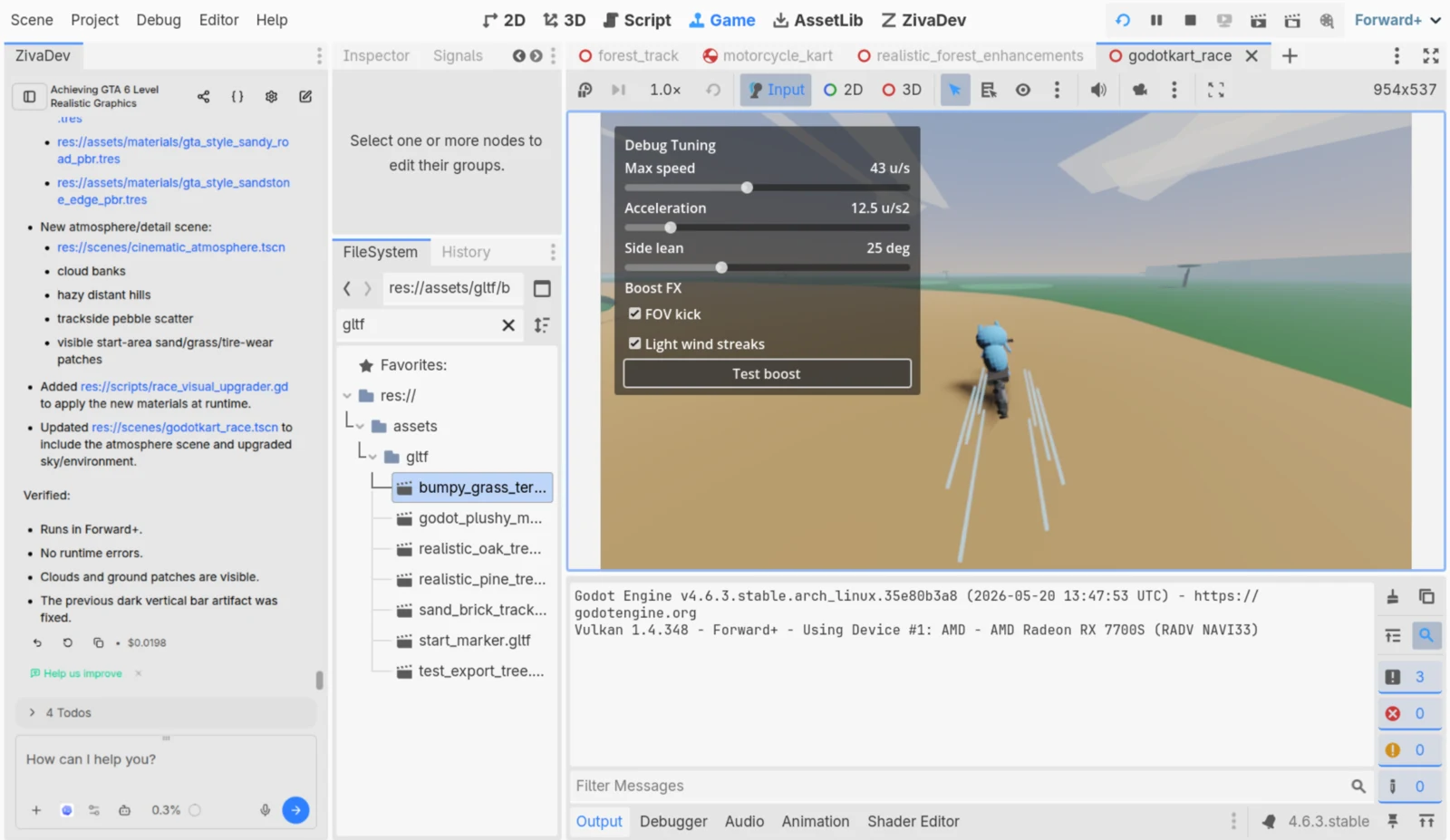 Ziva chat citing specific res:// scenes, scripts, and materials while upgrading a Godot game's visuals