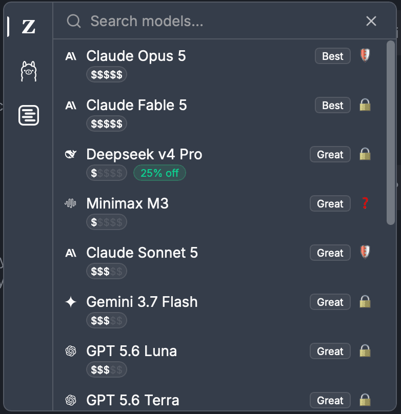 Ziva's current LLM picker in Godot showing Claude, DeepSeek, MiniMax, Gemini, and GPT models