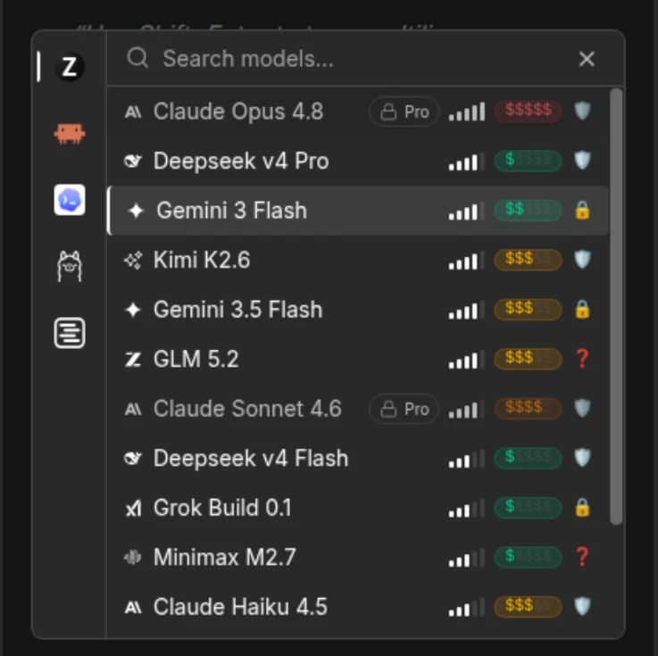 Ziva model picker listing Claude Opus, Gemini, Deepseek, and Kimi with per-token cost in the Godot editor