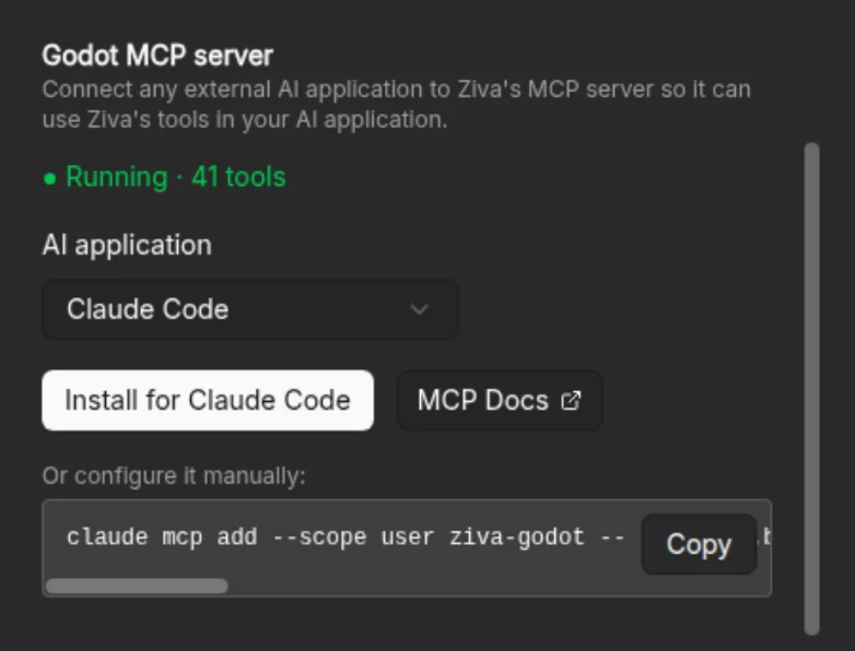 Ziva's Godot MCP server running with 41 tools and an install command for Claude Code