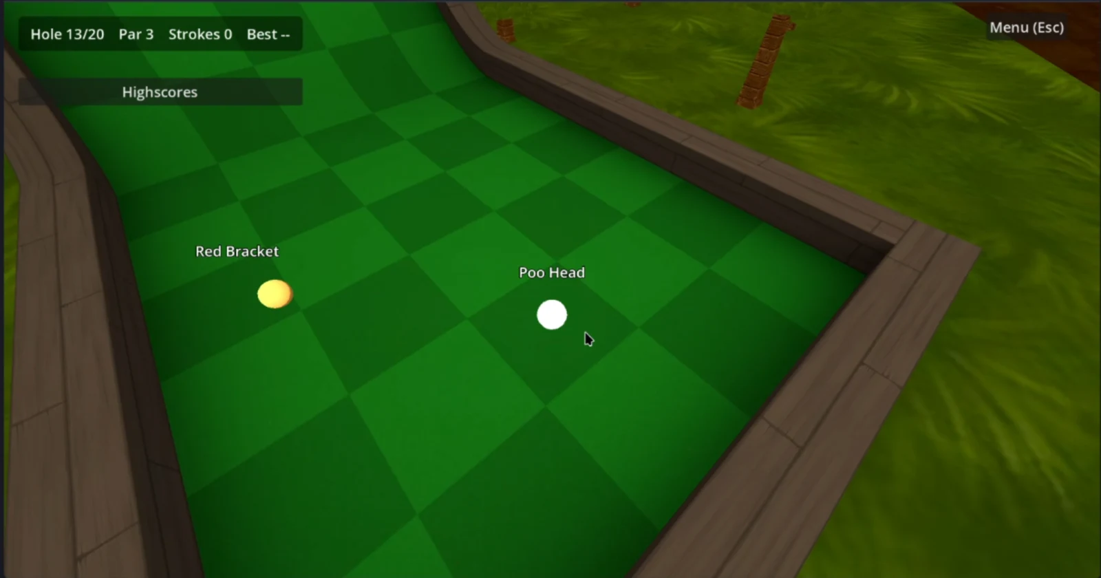 Two players in a live Ziva-relayed multiplayer mini-golf game built in Godot