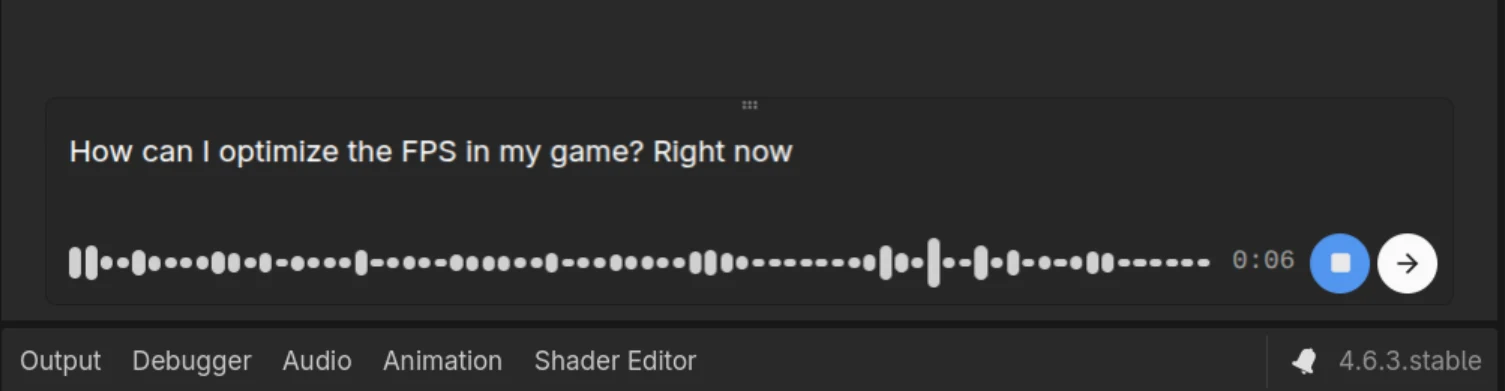 Ziva voice-to-text turning a spoken prompt into a chat message inside Godot