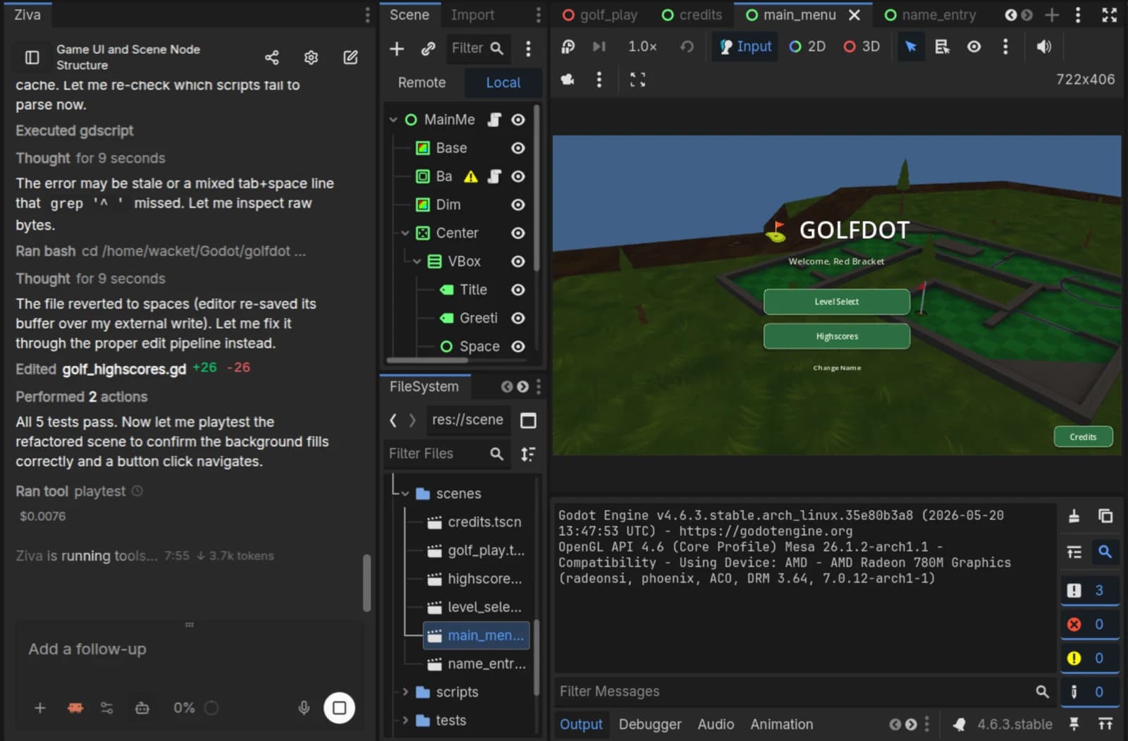 Ziva editing GDScript and building a game menu UI live inside the Godot editor