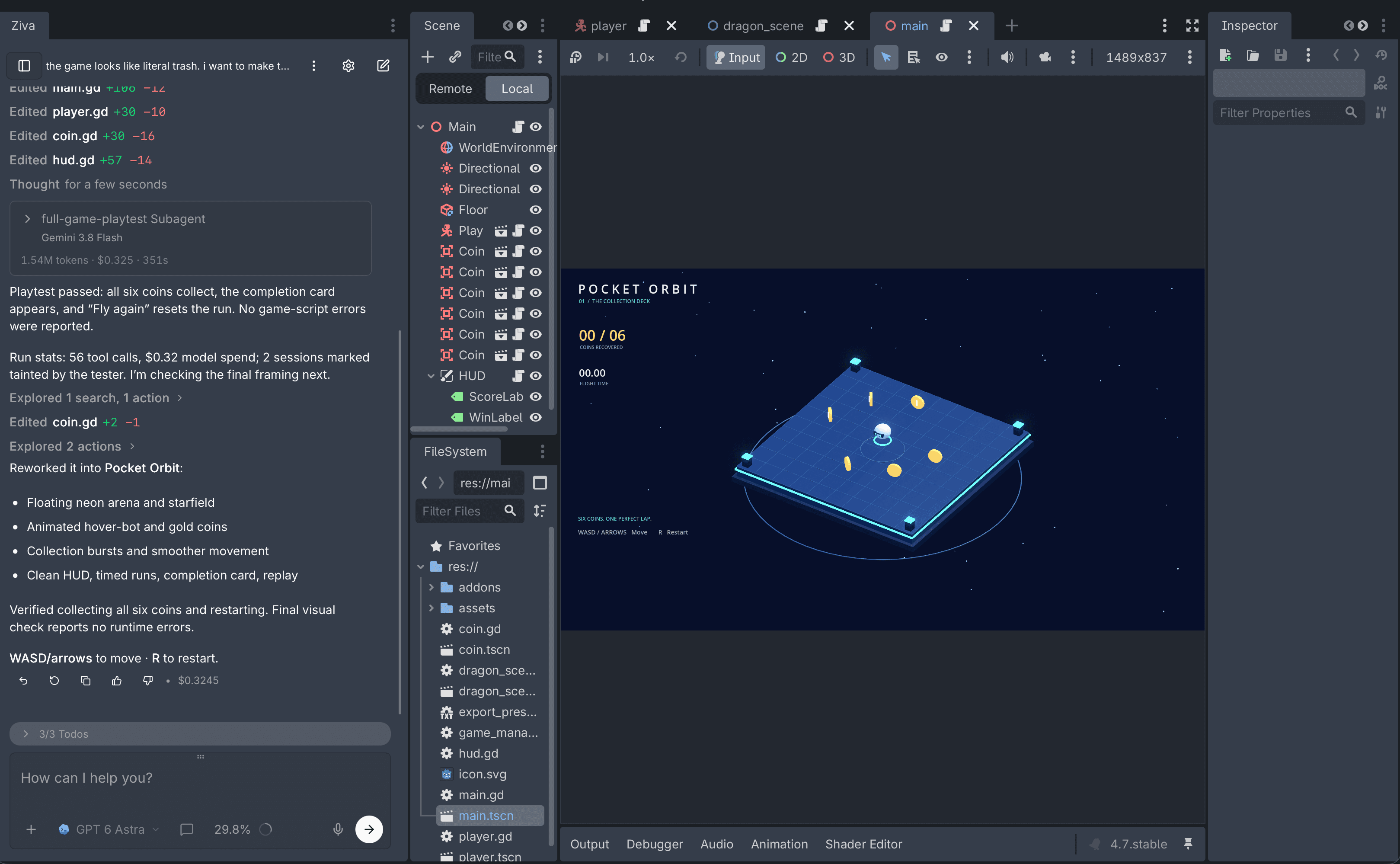 Ziva chat and playtest results beside the Pocket Orbit game and scene tree in Godot