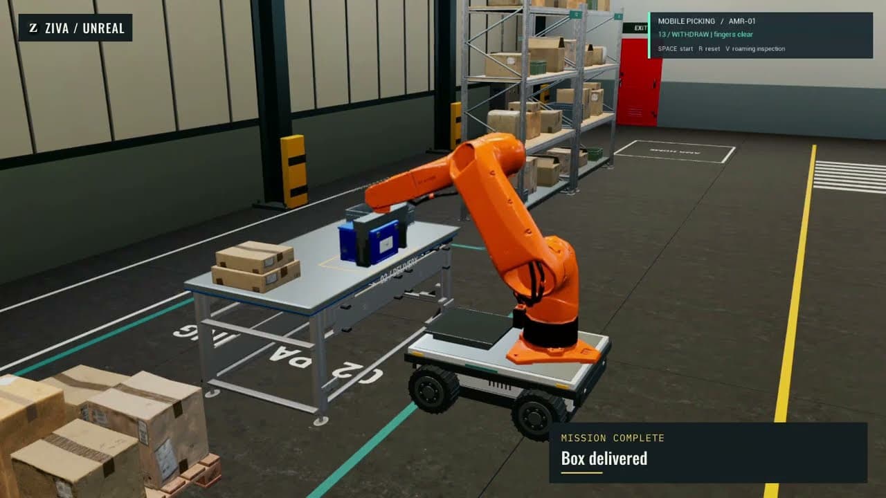 Pick up a box. Deliver it across the warehouse.