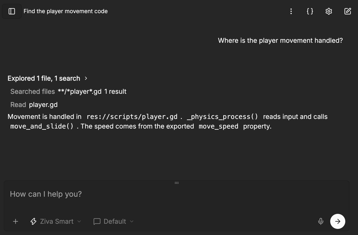 Ziva chat showing a player script search and file references