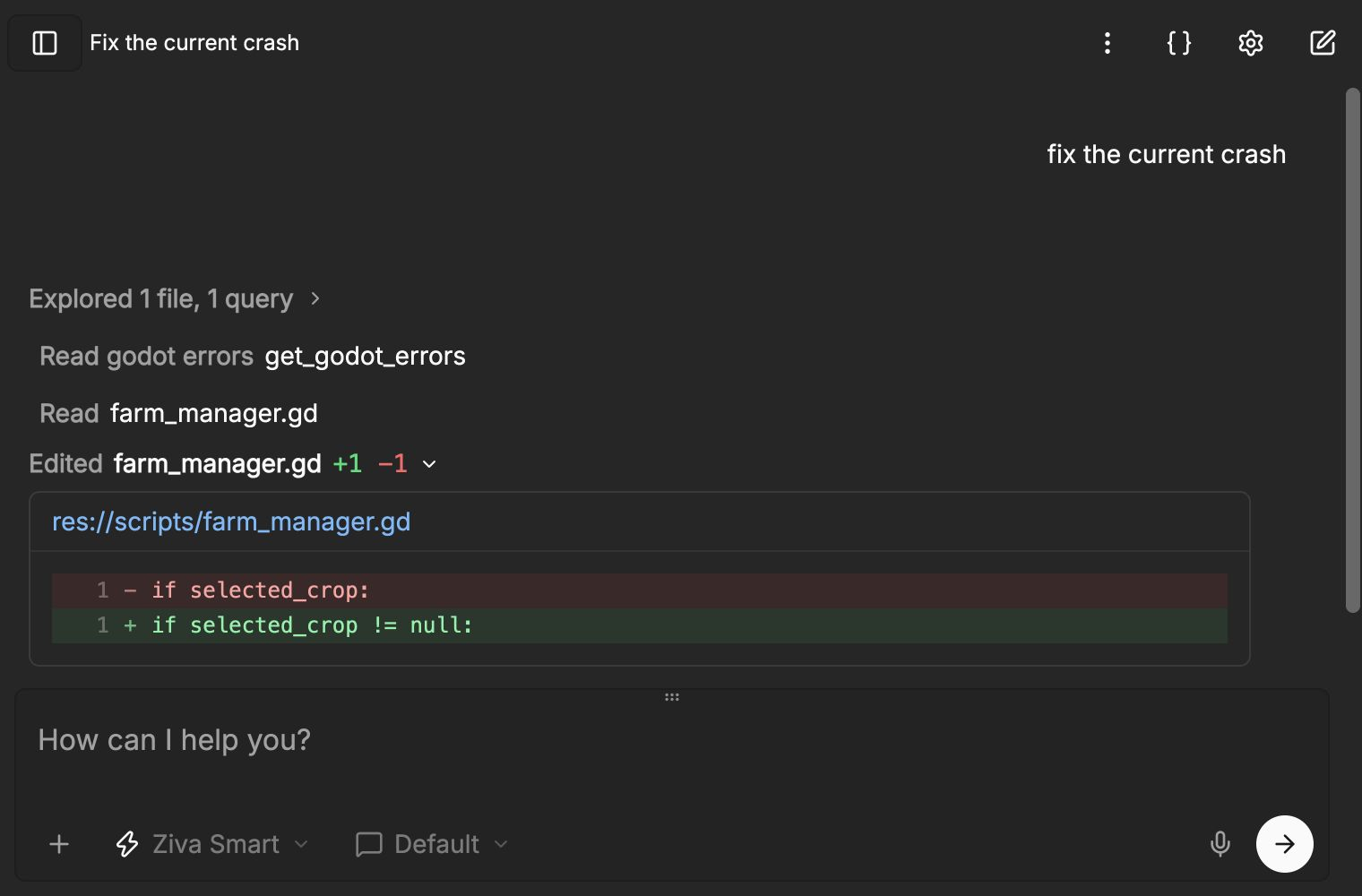 Godot error and crop-reference code fix shown in Ziva chat