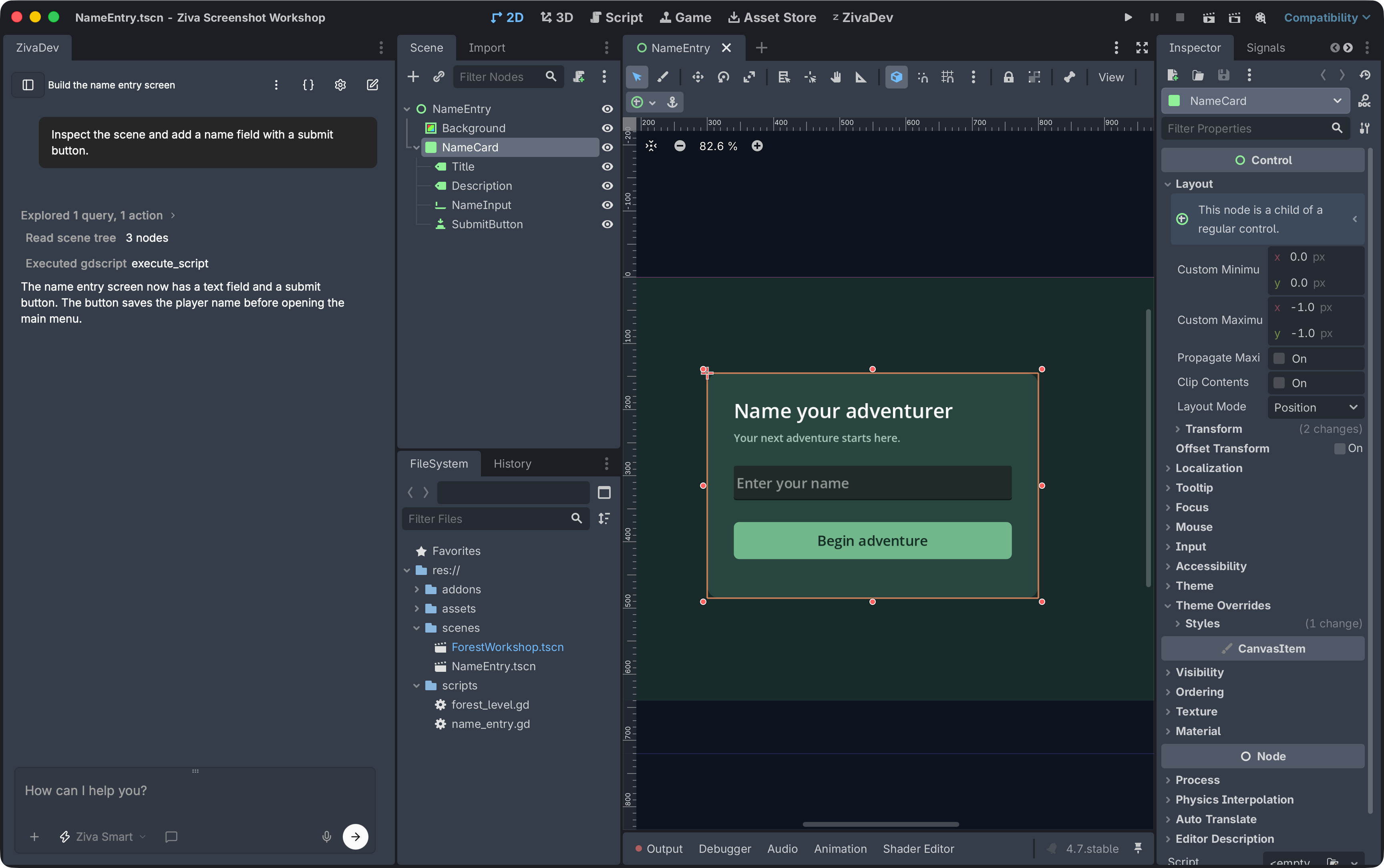 Godot scene tree and name-entry form beside Ziva chat, with a text field and submit button
