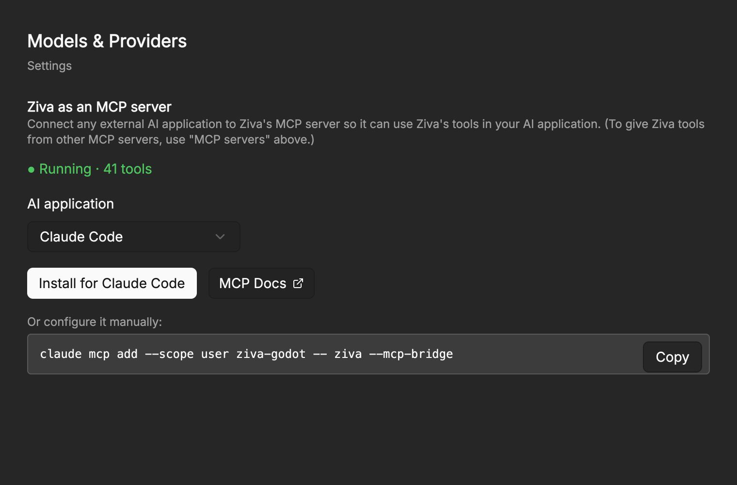 Ziva MCP server settings with a Claude Code install command