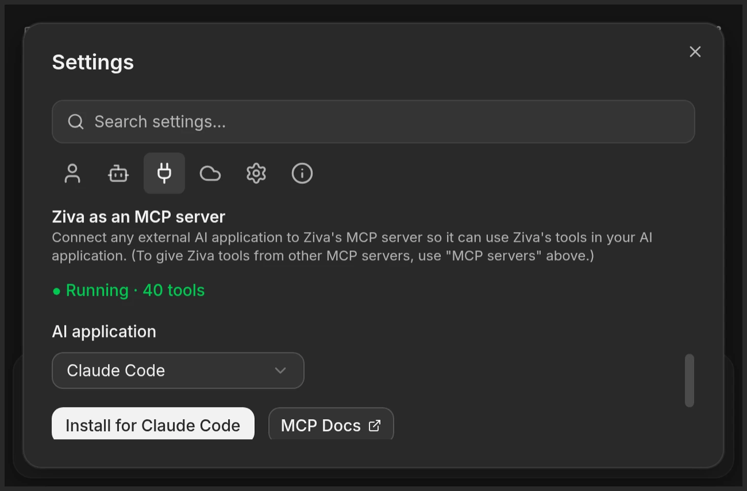 Ziva-MCP-Servereinstellungen mit Installationsbefehl für Claude Code