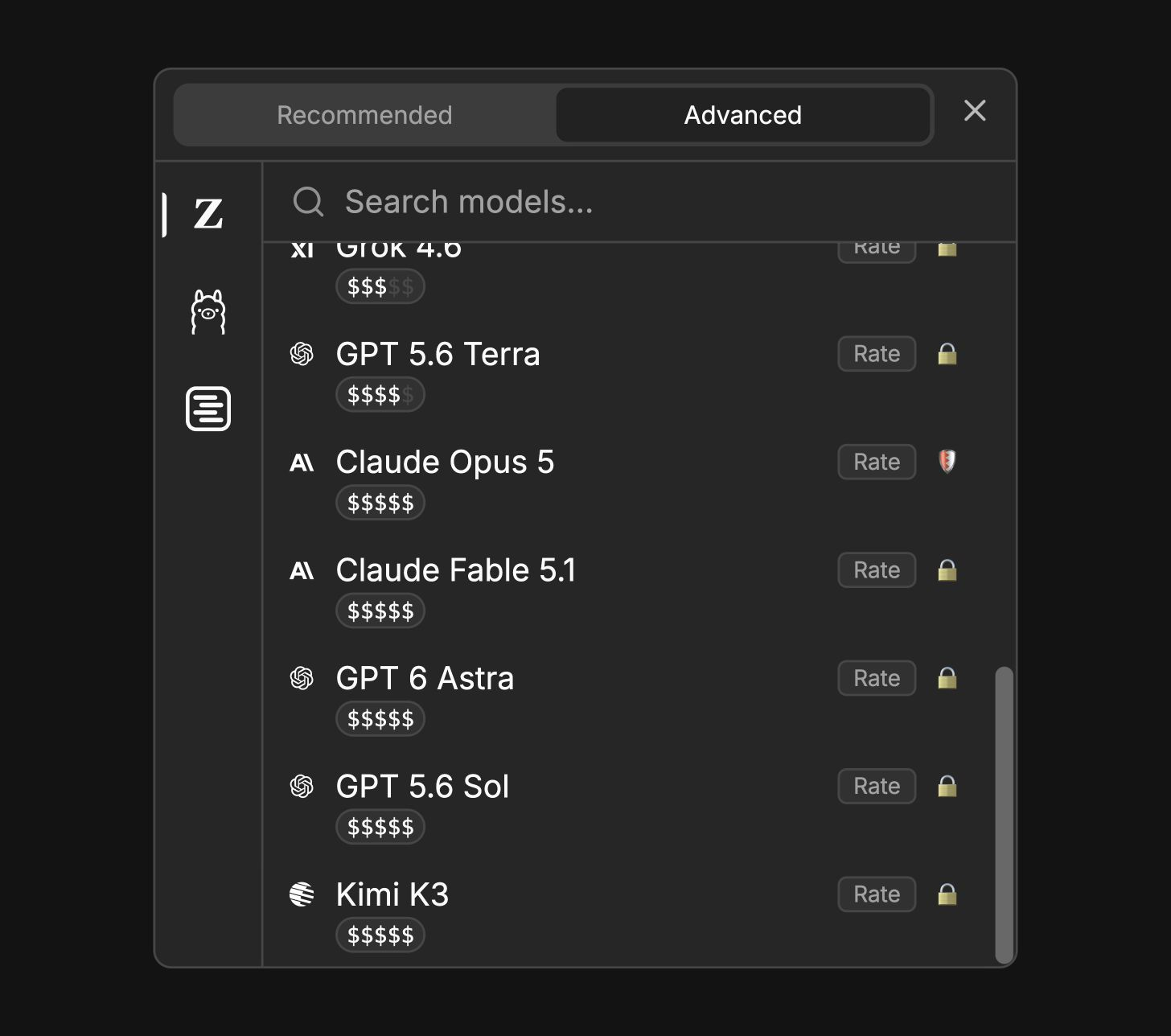 Ziva model picker with the Advanced tab selected and individual models listed