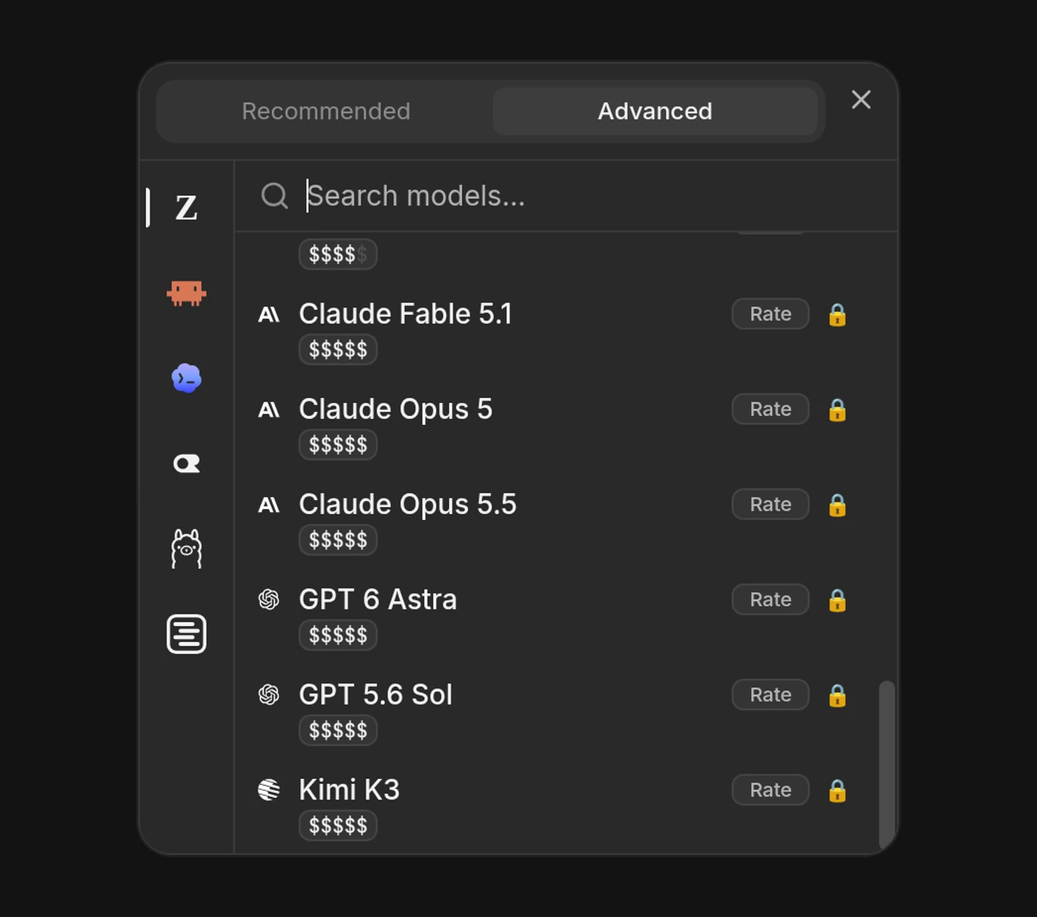 Ziva model picker with the Advanced tab selected and individual models listed