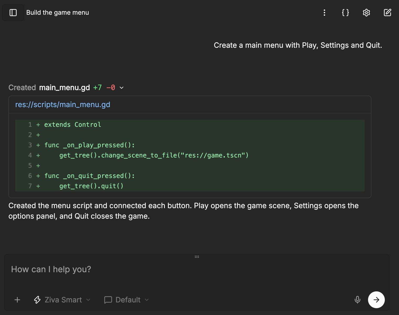 GDScript menu code expanded in Ziva chat