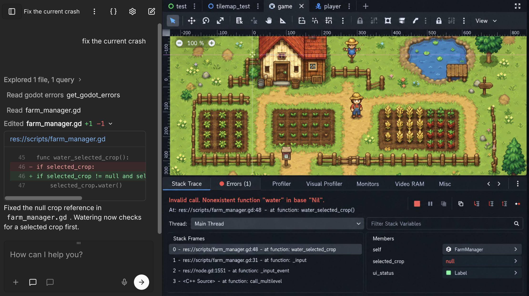 Godotの農場シーンの横に、エラー、farm_manager.gd、作物のnull参照の修正を表示したZivaのチャット